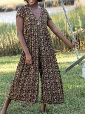 Natural Life Avery Cropped Black Floral Wide Leg Jumpsuit Sz L / XL